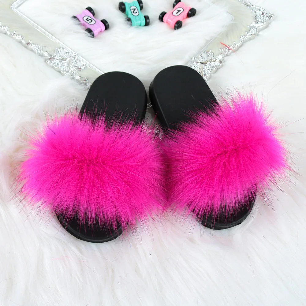  New popular style children fox fur slipper wholesale kids baby slides flops