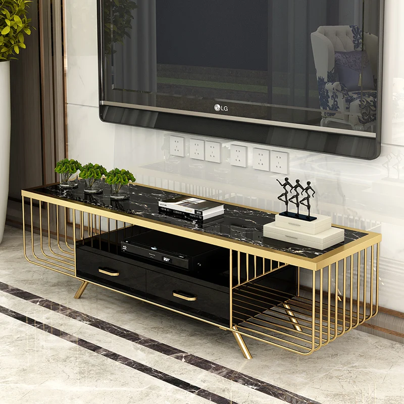 
2021 New arrive Nordic luxury marble top TV stand modern simple TV bench golden metal living room TV cabinet with drawers 