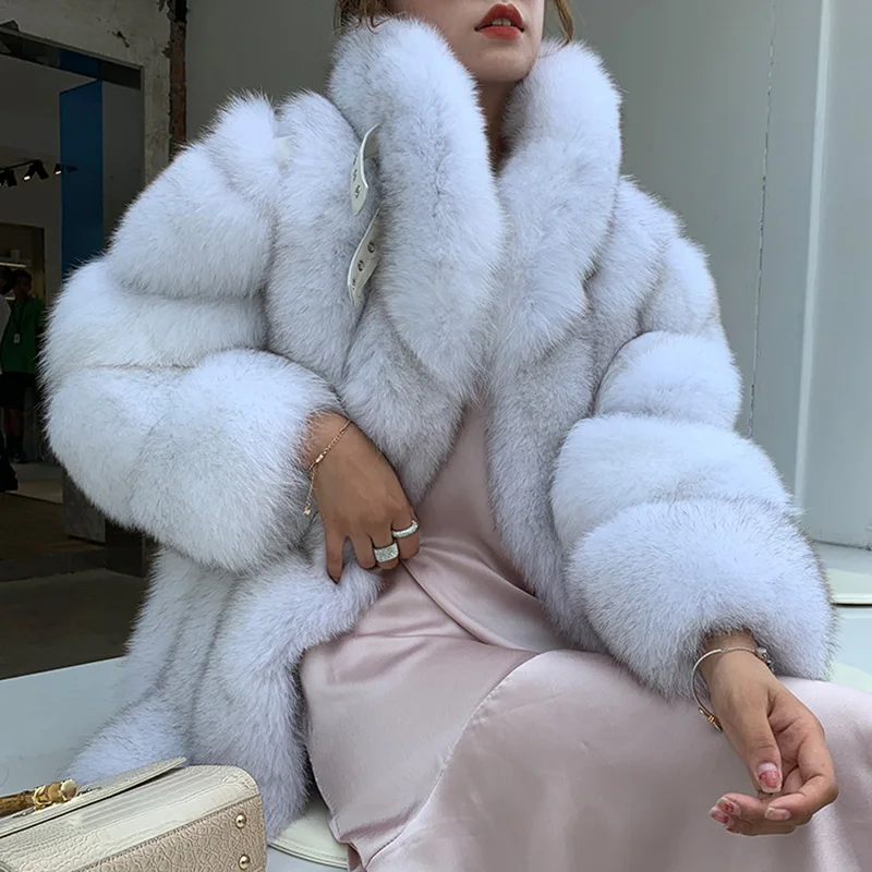 2022 New Arrivals High Quality Italian Classic Style Stand Collar Natural White Real Fox Fur Coat Women