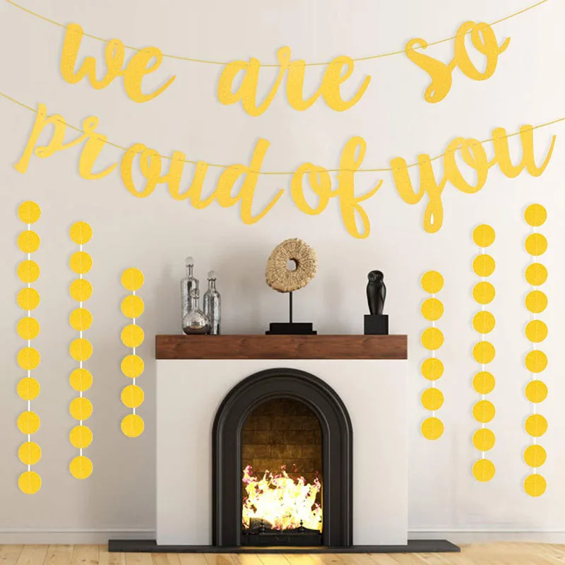 Graduation Banner 2021 We are So Proud of you Congrats Banner with Gold Glittery Circle Dots Garland for Graduation Gift
