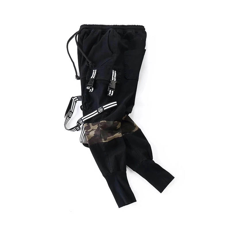 Mens custom military cargo pants printed camouflage patchwork with straps casual streetwear tapered cargo army black sweat pants