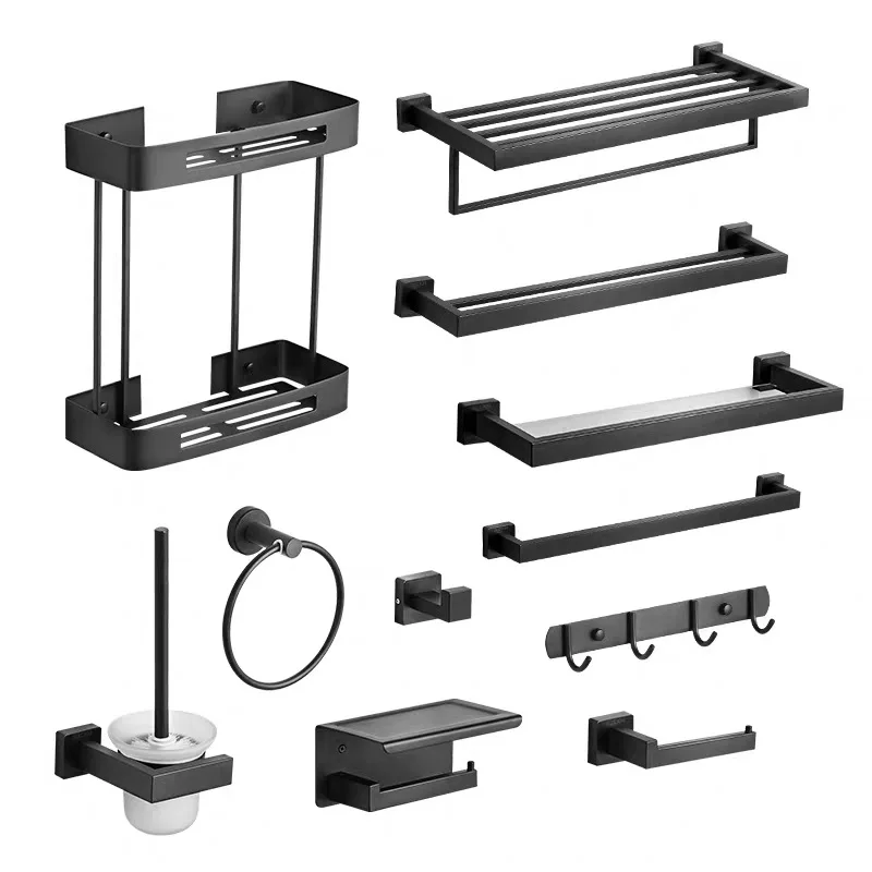 Hotel High Quality Bathroom Hardware Accessories Sets Stainless Steel Square Matt Black Color Bathroom Accessories For Hot