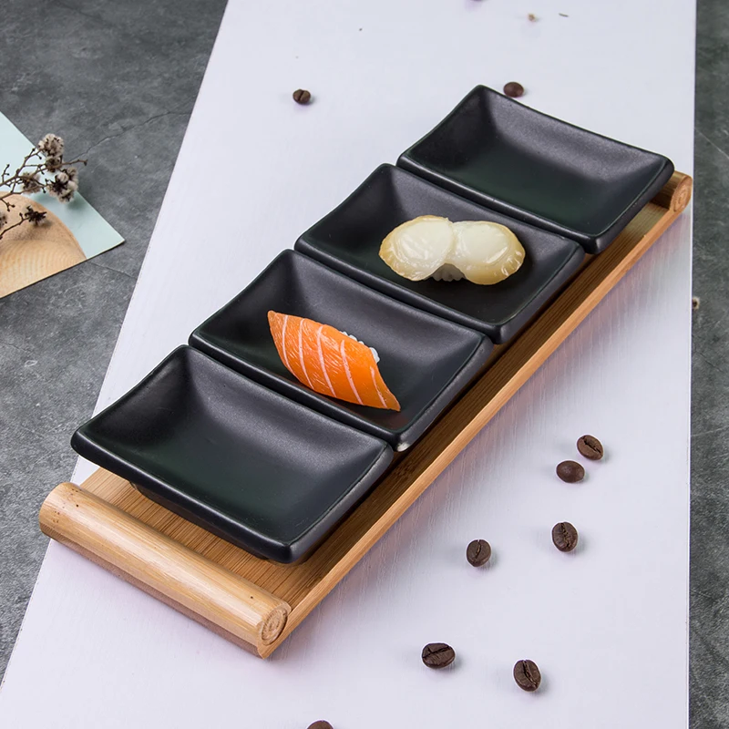 Japanese Style Tiktok Matte Black Rectangle Small Snack Dish Porcelain Sushi Plate Ceramic Black With Bamboo Tray