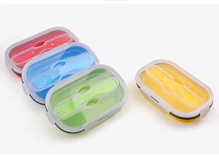 New designed microwave safe food storaged box collapsible silicone food container with spoon fork silicone folding lunch box