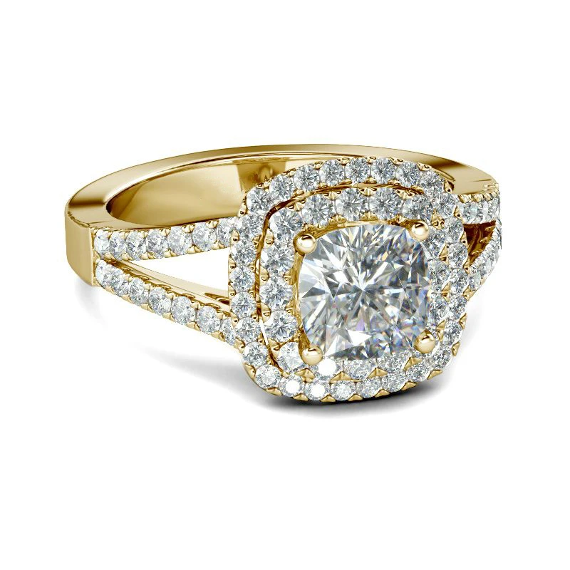 Gold Plated Halo Split Shank Cushion Cut 925 Sterling Silver Wedding Engagement Ring With CZ Diamond