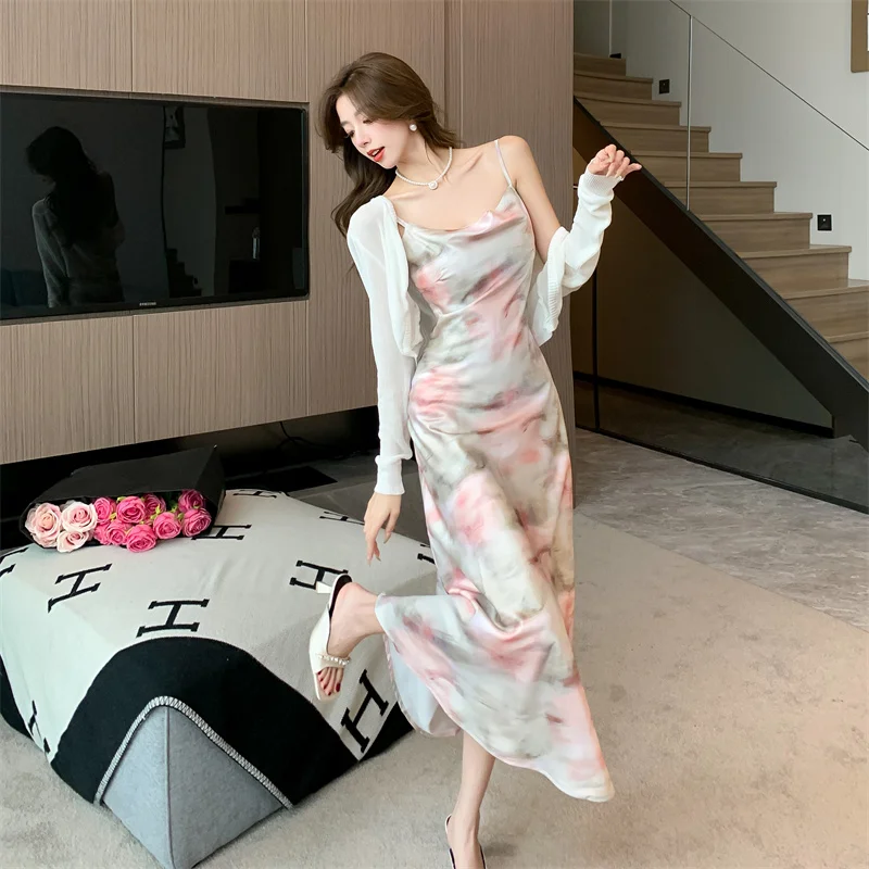 Summer Sweet Swinging Collar Casual Maxi Dress For Women Sleeveless Printed Floral Silk Dress