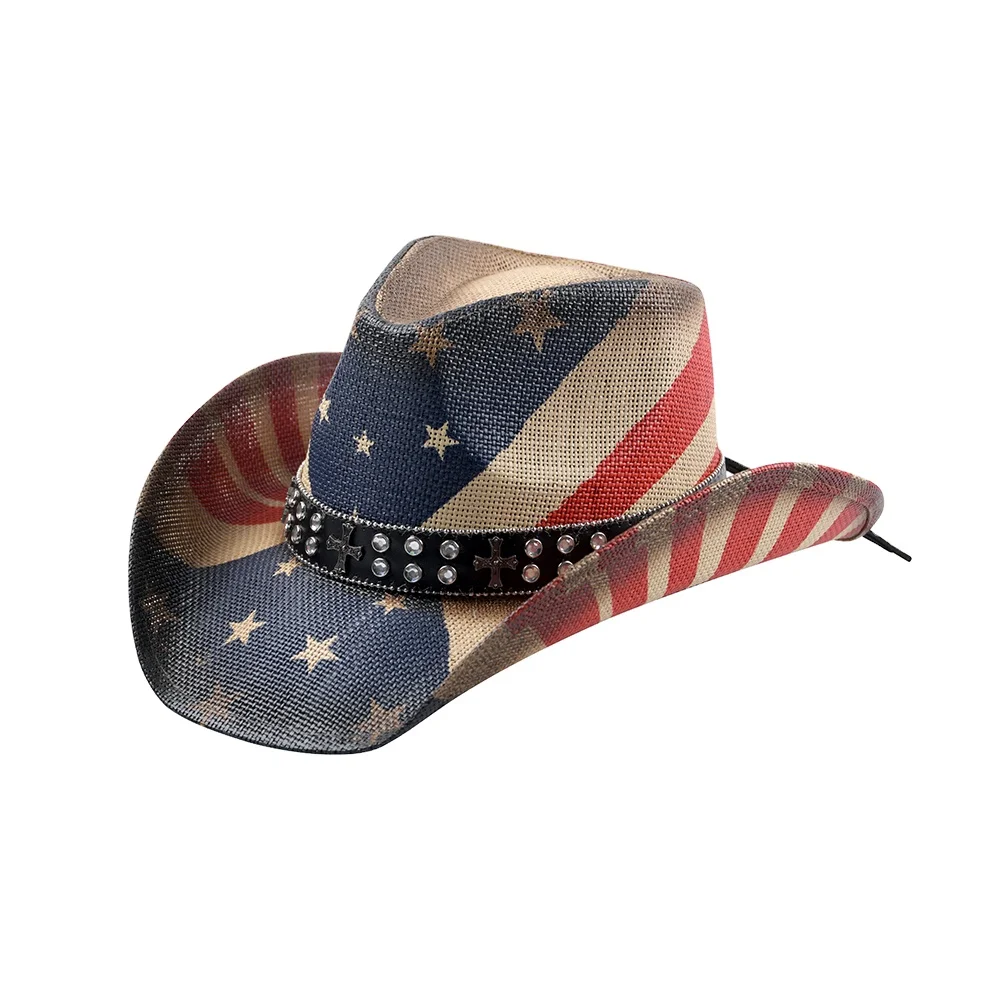 JAKIJAYI Brand beach men women custom logo America flag hat  summer seaside straw USA flag cowboy hat
