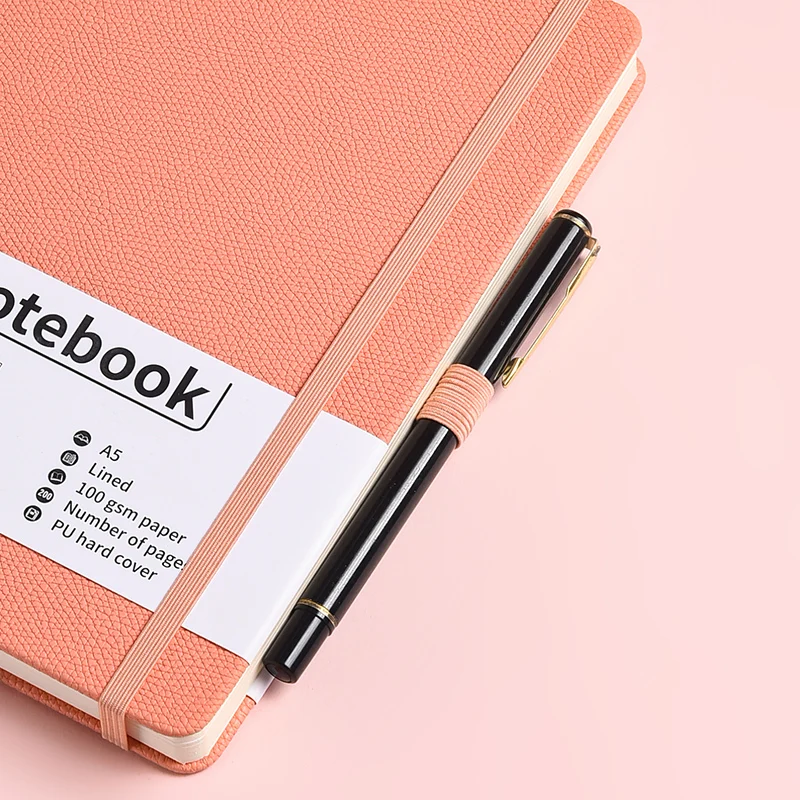 High quality customized A5 pu hard cover notebook blank printing leather journal with elastic pen holder