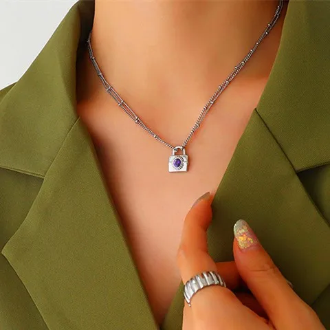 New Zircon Double Layer Stainless Steel Pendant Necklace Cube 18k Pvd Coated Fashion Waterproof Non-fading Jewelry Necklace Set