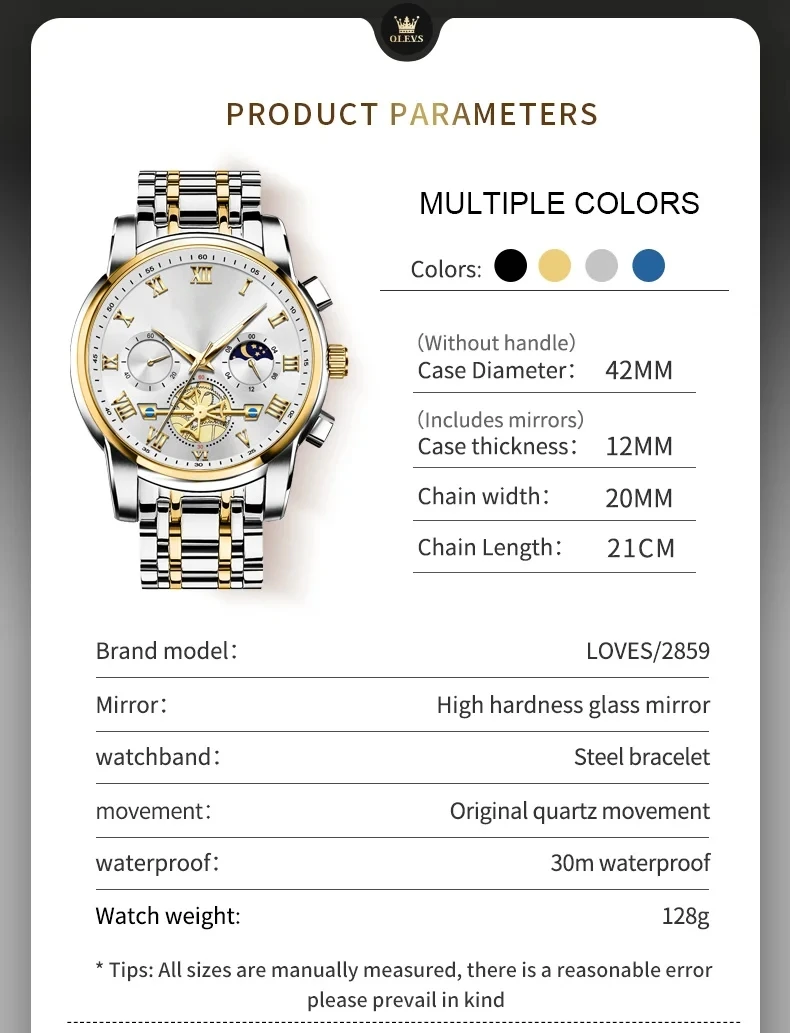 Custom Wrist Watch Watches Men Original Chinese Quartz OLVES Golden Blue Design Chronograph Watch