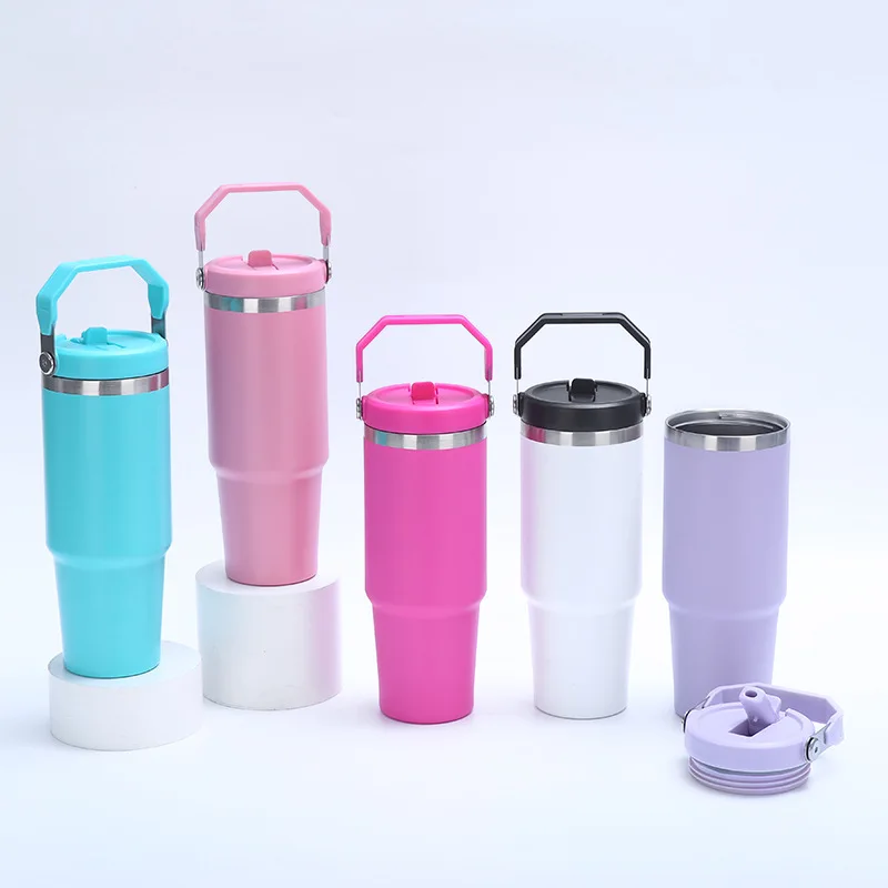 Modern Design Sports Water Bottle 20/30/40OZ Double Wall Vacuum Mug PP Straw BPA Free Lid with Handle Thermal Flasks
