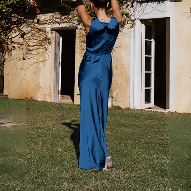 New Arrivals Front Twist V Neck Sleeveless Leg Slit Satin Dress Blue Evening Dresses