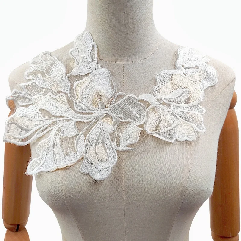 Customizable Polyester white floral embroidery lace applique with sequin for  clothing patches dress CA072