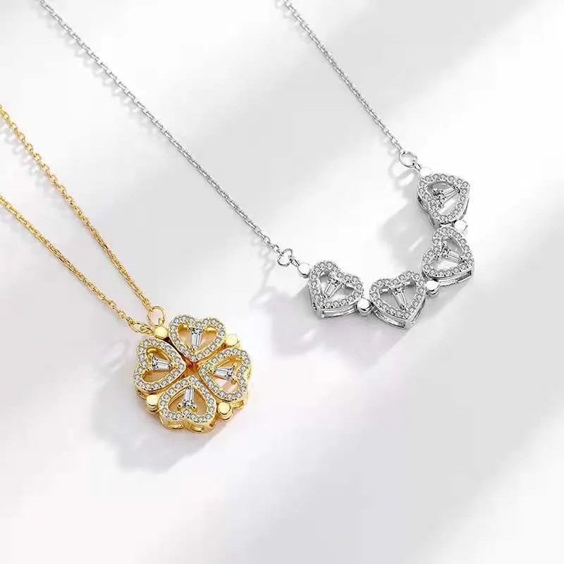 Wholesale Jewelry Fashion Four Leaf Clover Crystal Magnet Necklace Personality Gold Plated Stainless Steel for Women