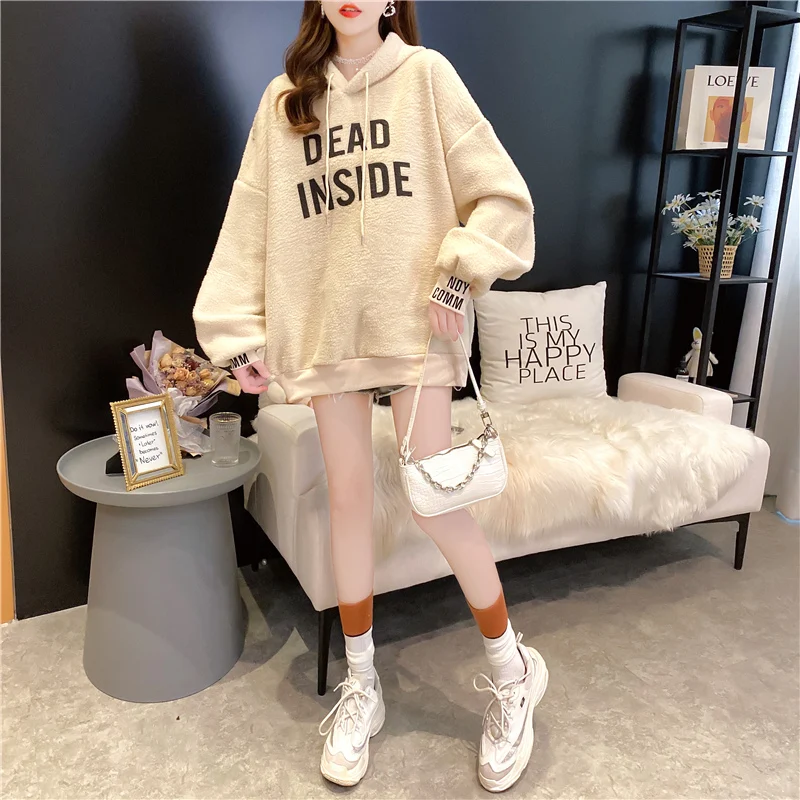 
hoodies (100 polyester fiber) real shots 2020 autumn and winter new Korean printed lamb wool sweater women women hoodies 