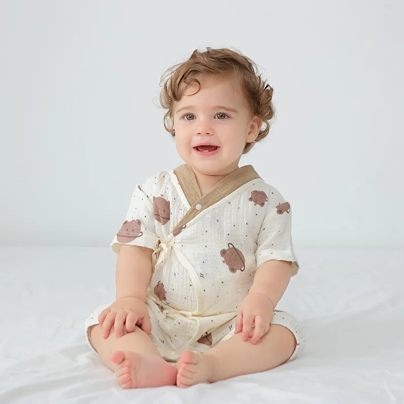 Summer Newborn Infant Toddlers Boys Girls Cartoon Thin Short Sleeve Pajamas Muslin Cotton Clothes Baby Rompers