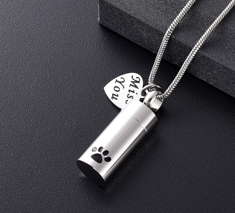 Cremation jewelry for ashes pendant Pet Paw Print Cylinder Keepsake Necklace for Dog&Cat memorial jewelry for ashes