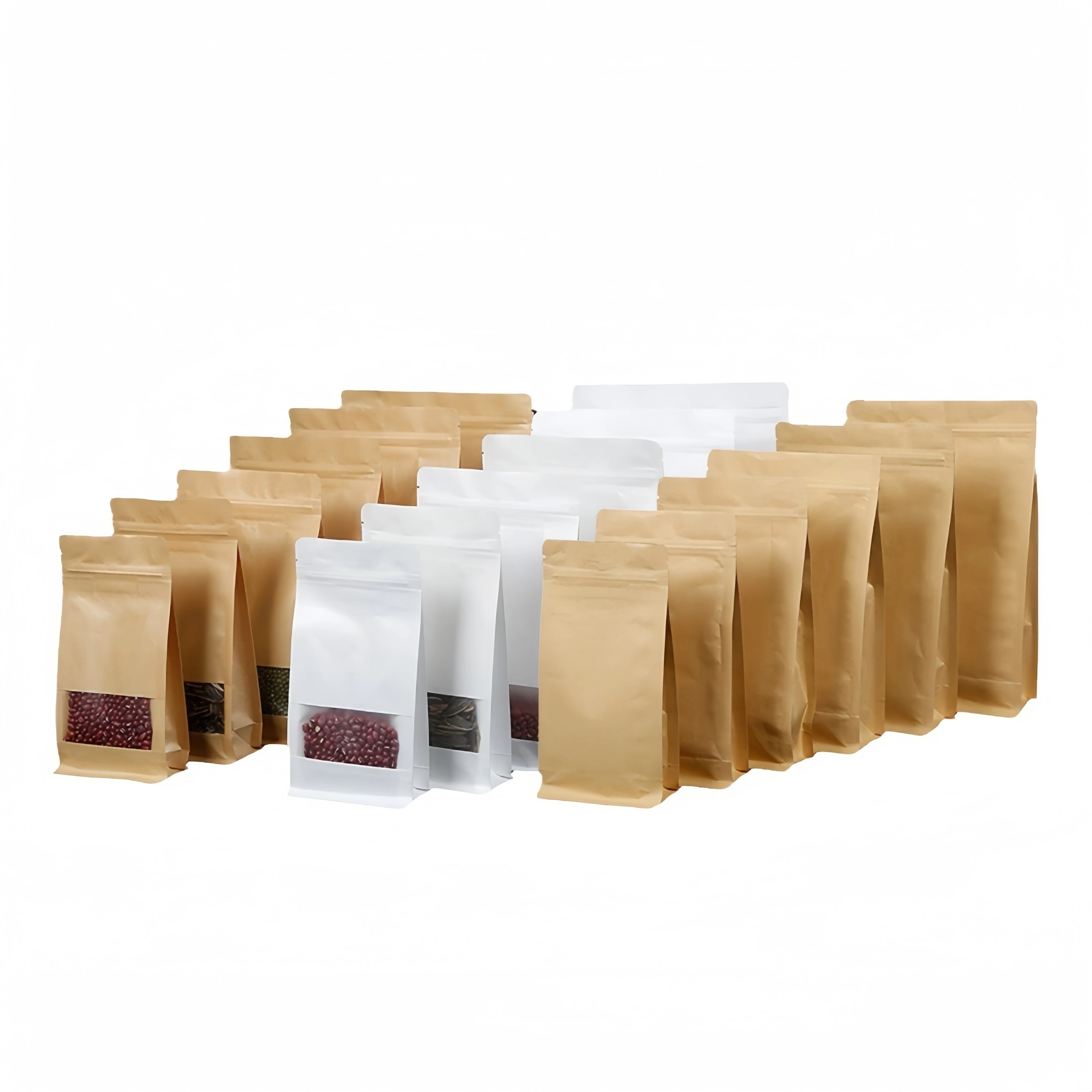 In stock Stand Up White Kraft Paper Resealable Ziplock Plain Heat Sealable Food Packaging Doypack Pouches Bags With Window