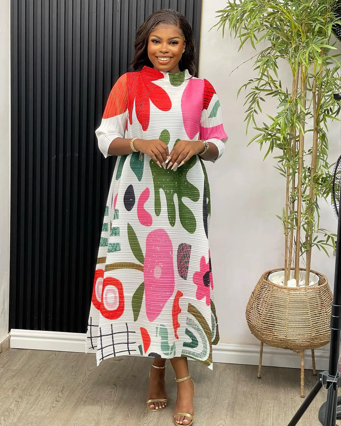 2023 Spring Miyake Latest Plant Floral Style  Casual Wrist Sleeves Pleated Plus Size  Women Dress Clothing