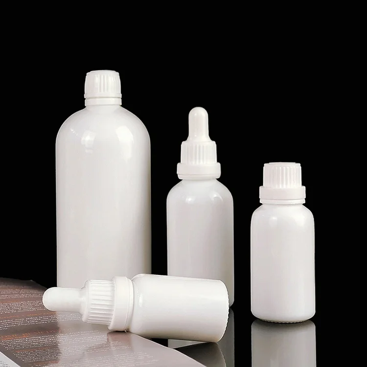 High Quality 120ml 100ml White Opal Glass Essential Oil Serum Bottle with White Plastic Dropper Cosmetics Screen Printed Surface
