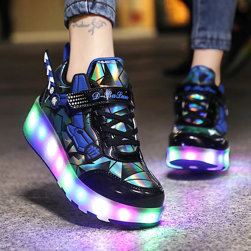 Wholesales Kids Roller Skating Shoes Adjustable Flashing Roller Shoes Two Wheel Led Light Flying Sneakers