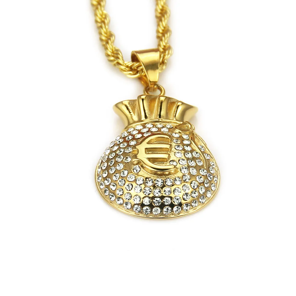 Hip Hop Style Personality Full Crystal Gold Plated Stereoscopic Euro Money Symbol Rich Bag Pendant Necklace With Rope Chain