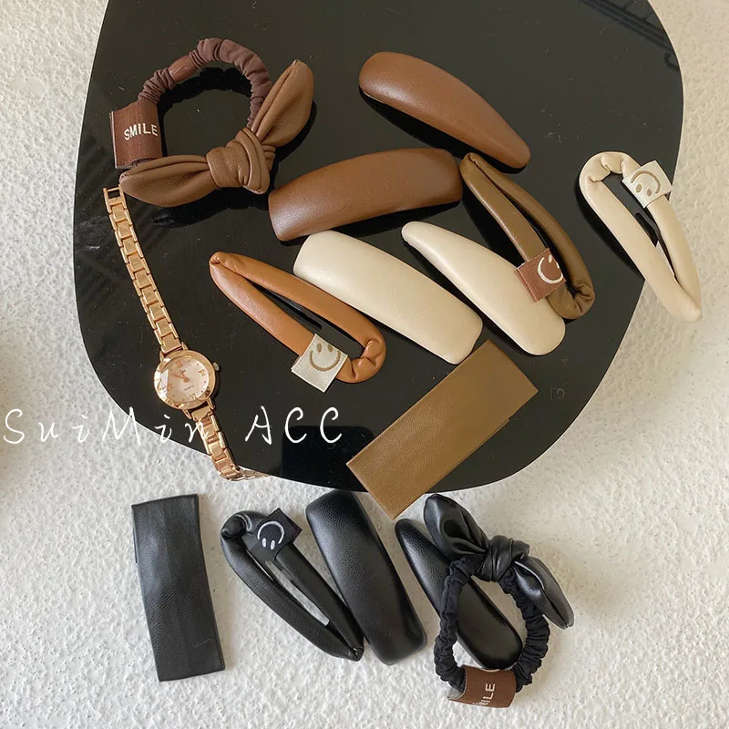 Korean Fashion Girls Wrinkle Hairgrips Square Plicated Ladies PU Leather Hairpins Women Soild Color Hair Clips