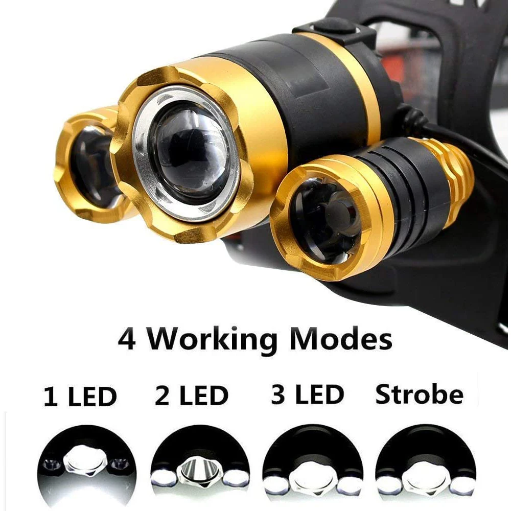 Wholesale Price 3 LED Outdoor Waterproof USB Rechargeable Camping Hiking Cycling Super Bright Lumen LED Headlamps