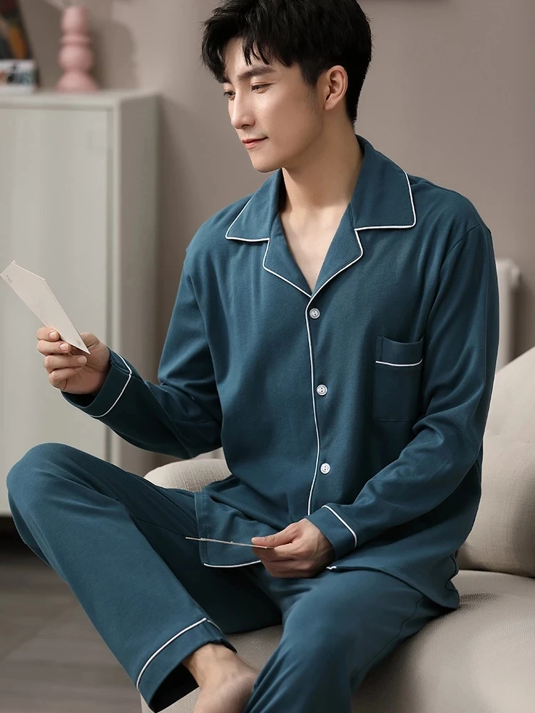 autumn Winter 100% Cotton Pajama for Men Sleepwear Pajamas Blue Home Clothes Man