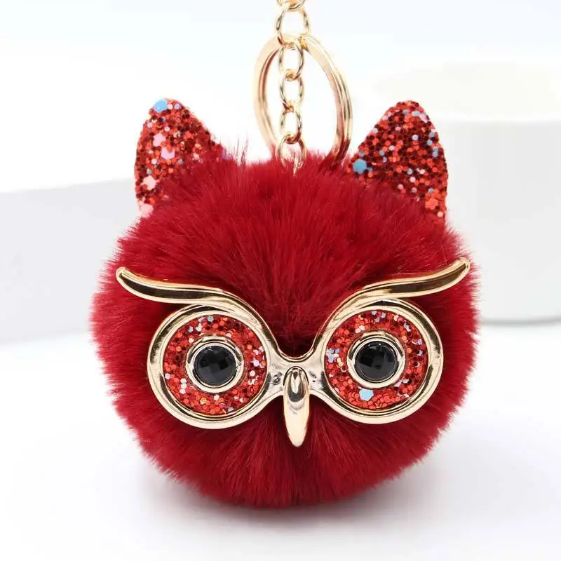 Wholesale Promotion Gift Fashion Key Chain Car Jewelry Accessories Colorful Fur Metal Owl Plush Pompom Key Chain