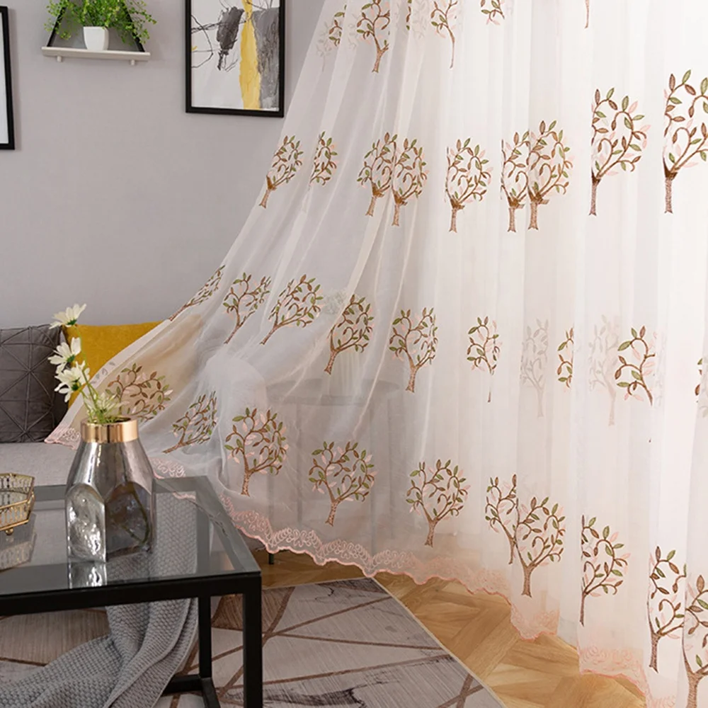 Beige floral  retail romantic nice grommet rod pocket embroidered sheer tree tulle curtain for bedroom kids window voile curtain