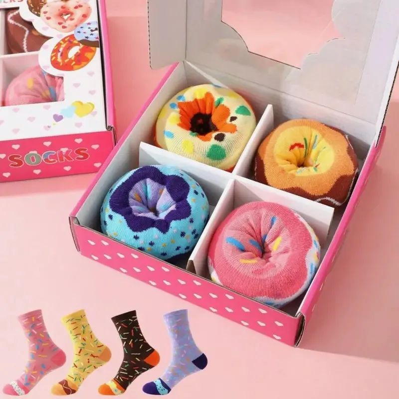 4Pair Donut Socks Gift Box Set Sweet Treats Galore Perfect Novelty Gift for Holiday Customized Design Funny Colorful Socks