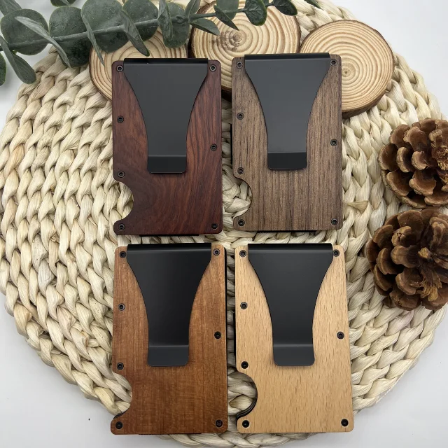 New Minimalist Real Wood RFID Blocking Wooden Card Holder with Money Clip Wooden Card Wallet