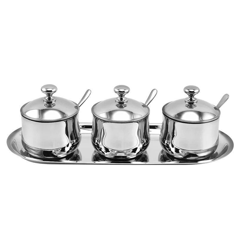 Cafe Restaurant Stainless Steel Kitchen Seasoning Pot 3 Pack Set Mirror Polish Metal Pepper Sugar Salt Bowls Canisters