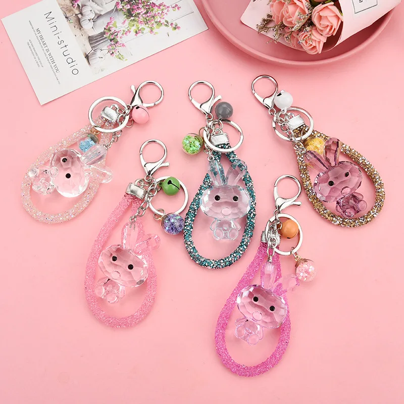 fashion polygon cute clear acrylic plastic key chains crystal keychain ring color glass rabbit key chain