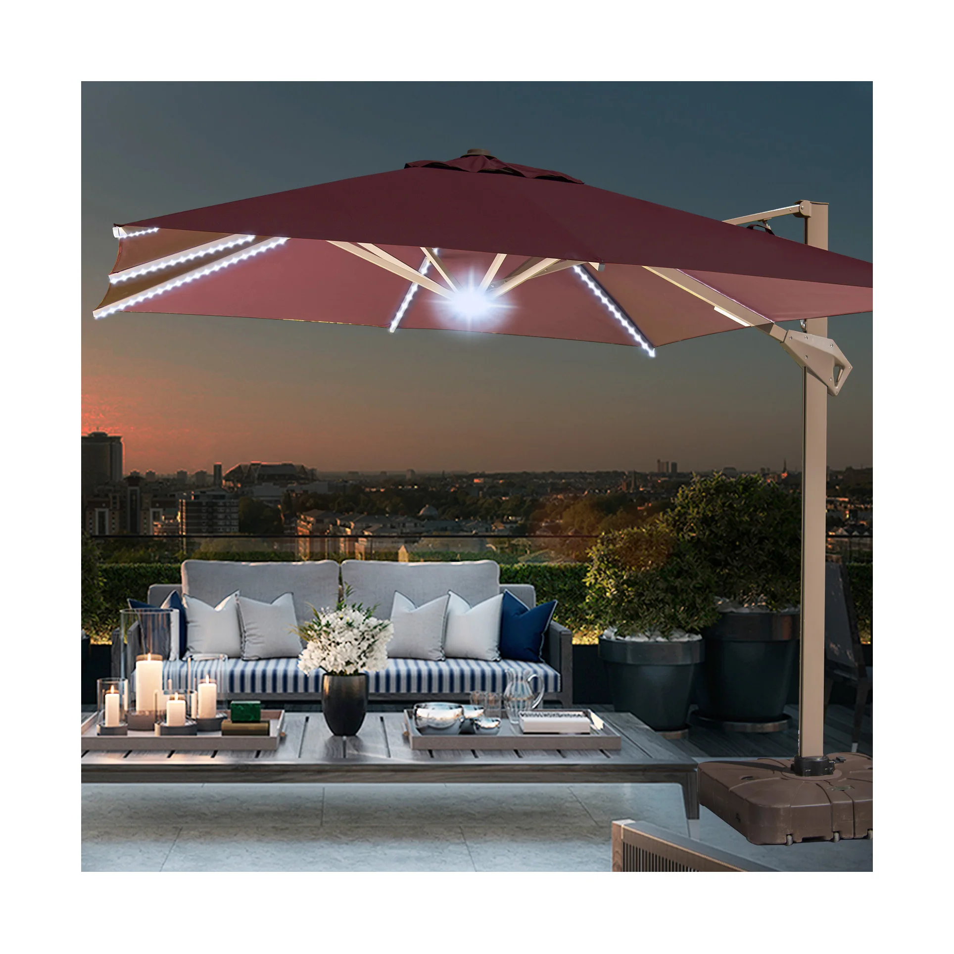 Single/Double Top Patio Umbrella Supplier Strong Wind Resist Sunshade Hydraulic Cantilever Umbrella With LED Light