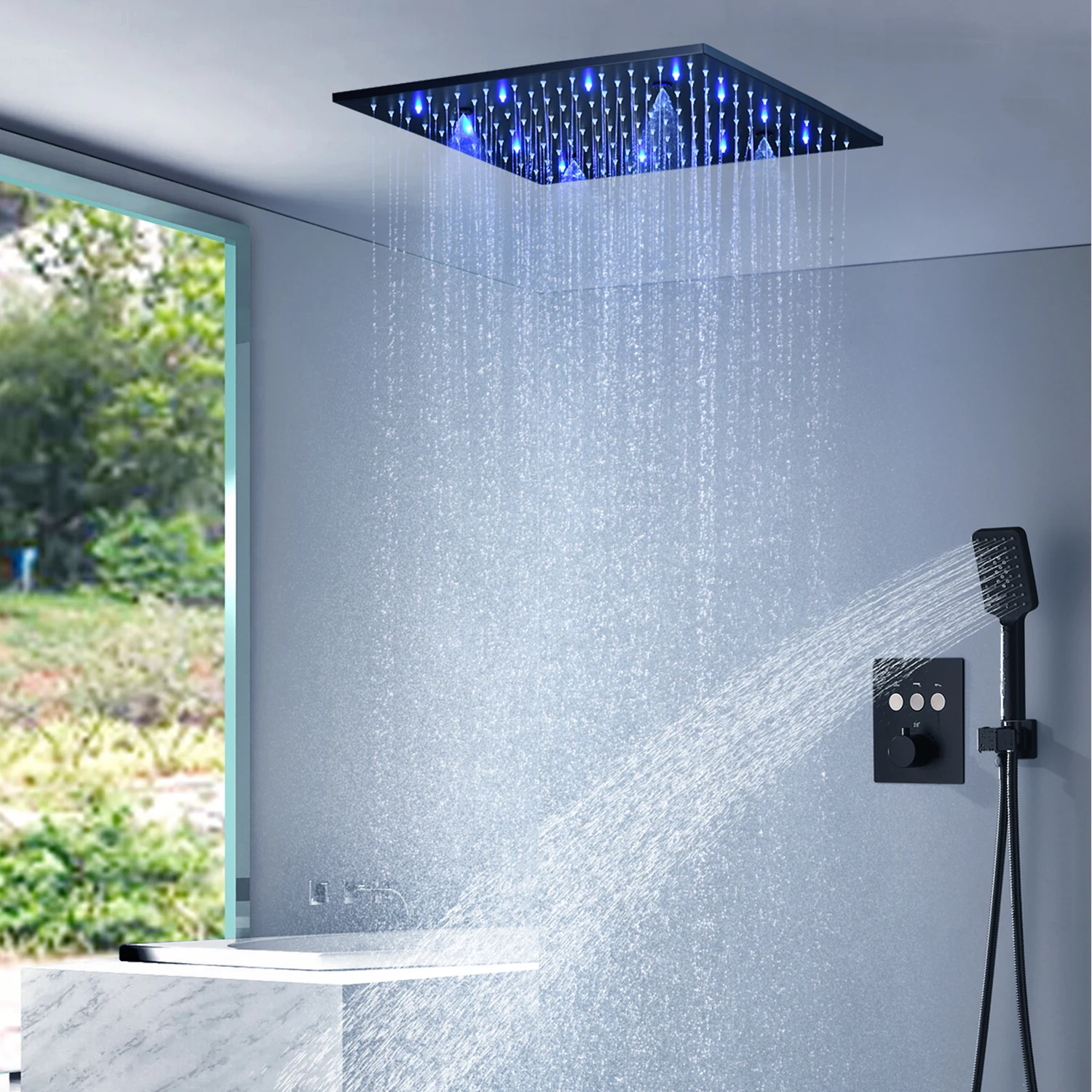 16' Matte Black Shower Set Ceiling Mounted Rain Mist Showerhead Water Power LED Lights Bathroom Thermostatic Bath
