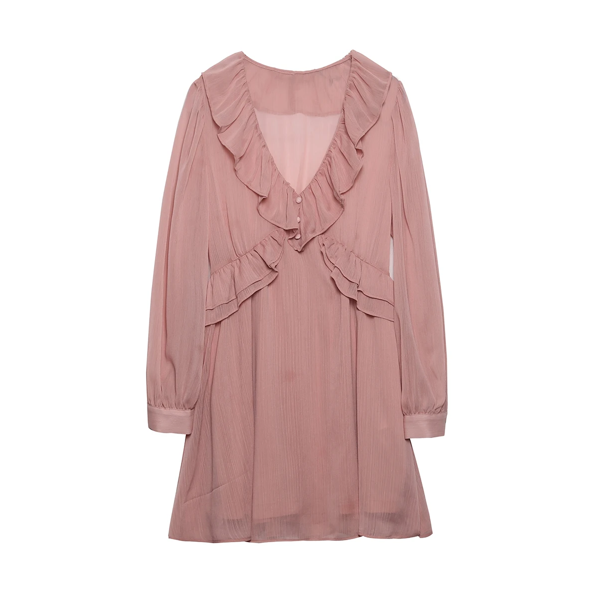 V neck solid color long sleeve front ruffle casual fashion mini dress for women