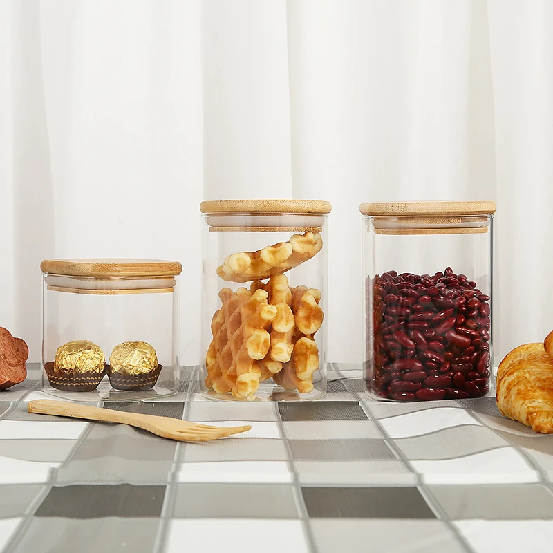 200ml 260ml 300ml 400ml 500ml High grade Kitchen Borosilicate Glass storage Containers Jar with bamboo lids