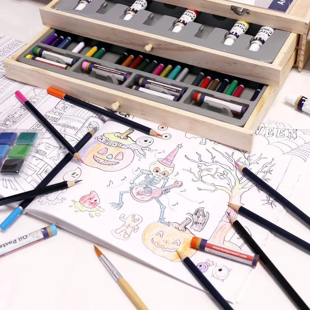 Art Supplies Set wi Portable Wooden Case Professional Art Set  83 Pieces Deluxe Art Set for Painting