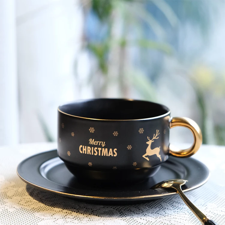 Custom handmade coffee cup ceramic gold handle unique black white cup and saucer set tea cup