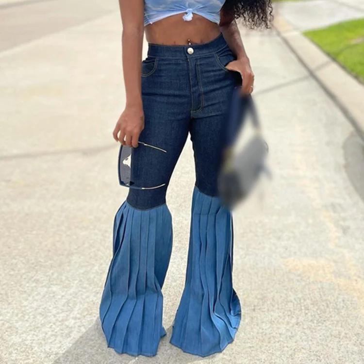 New Trends Patchwork High Waist Ladies Bell Prime Trouser Denim Pleated Flared Pants Women