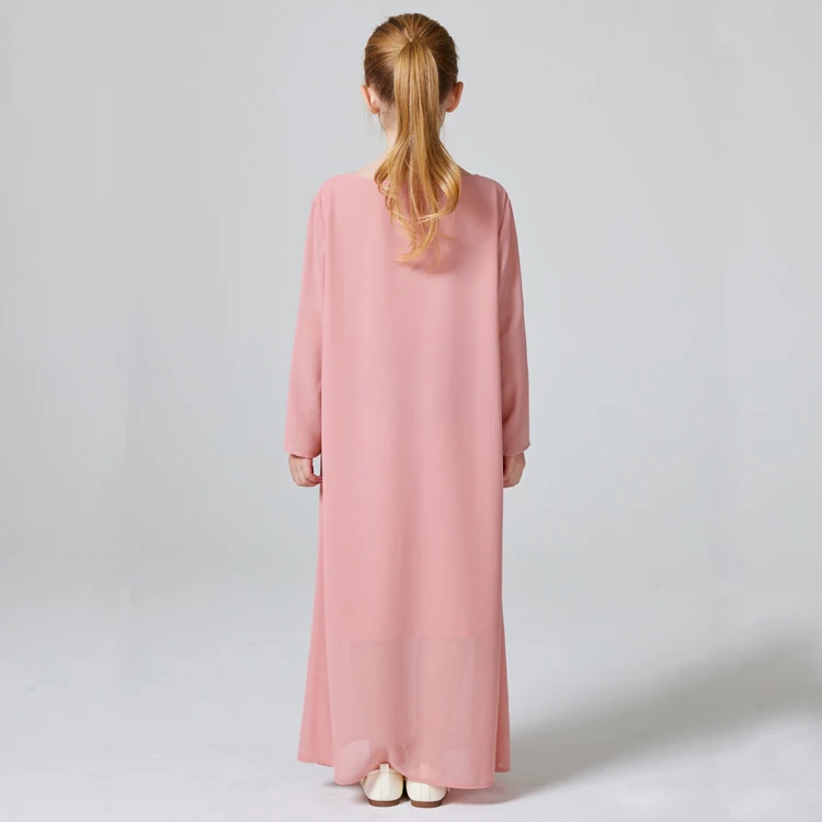 Abaya Girls Two-piece Set Kebaya Contrasting Chiffon Abaya Round Neck Dress Long Robe Islamic Muslim Kids Prayer Clothing Caftan
