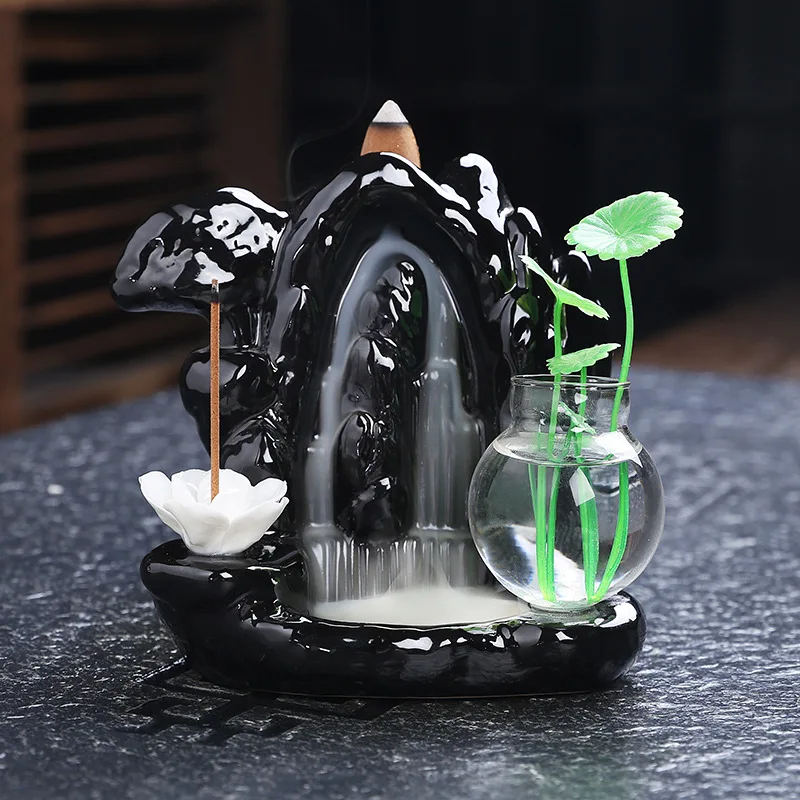 2024 Hot Selling Gifts Lotus Waterfall Backflow Incense Burner Ceramic Incense Burner Smoke Backflow Cone Incense Burner