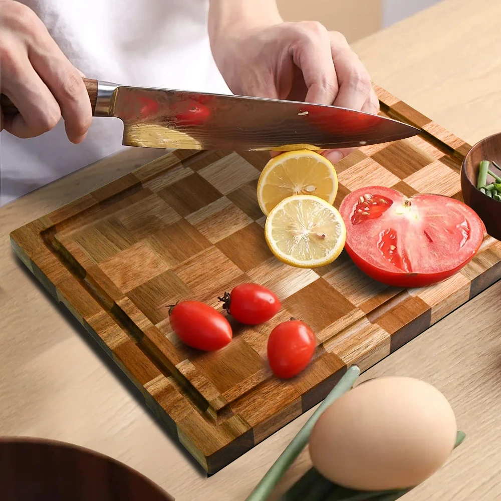 Large Acacia Wood Cutting Chopping Board for Kitchen with End-Grain,Thick Large Butcher Block with Juice Groove