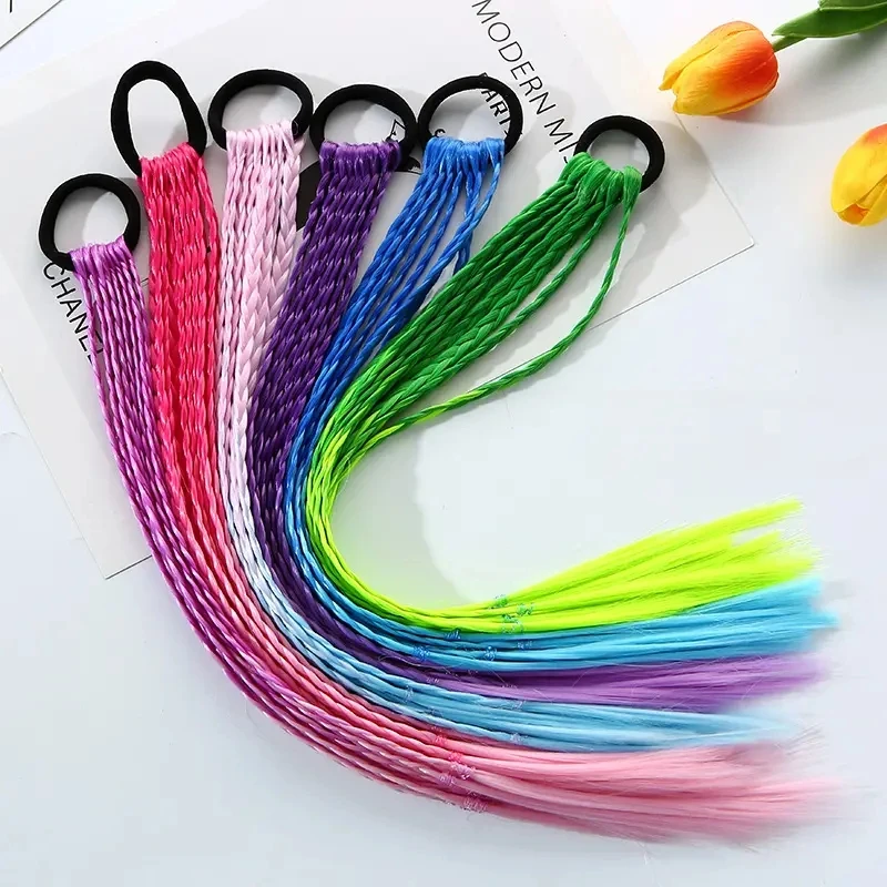 Little Girls Child Twist Braids Elastic Hair Rope Rubber Band Gradient Colorful Braided Ponytail Hair Extensions for Kids
