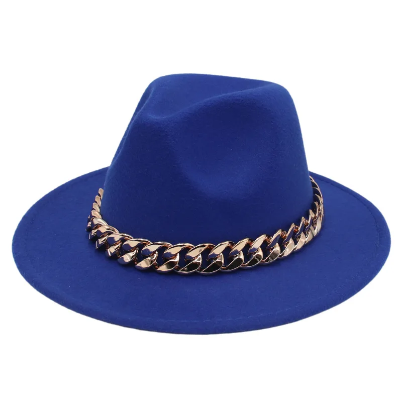 JL483 Gold Chain Decorated Flat Wide Brim Fedora Hat Faux Felt Panama Hat Fashion Jazz Top Hats for Men & Women