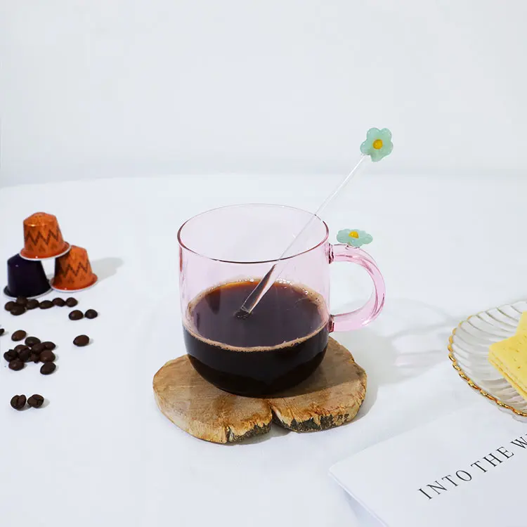 New Design Single Wall Glass Cup With Cherry Flowers Borosilicate Glass Cups With Handle Custom Logo And Flowers