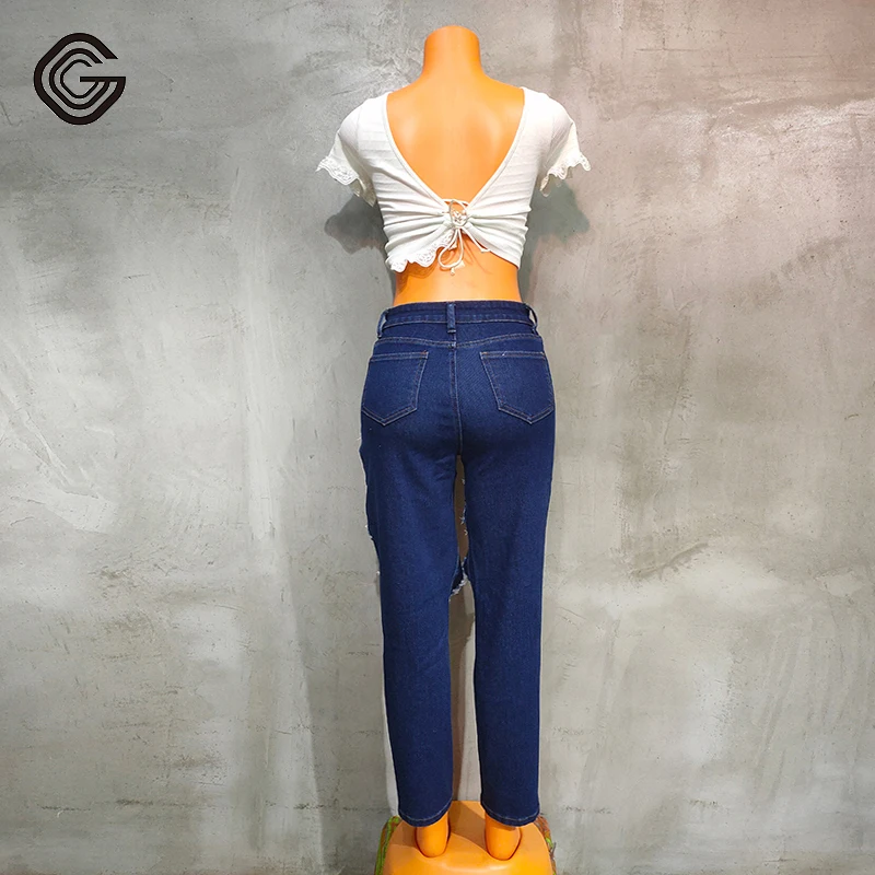 Factory Custom Blue High Rise Stretch Skinny Jeans Women Slit Slim Fit Denim Pants For Ladies