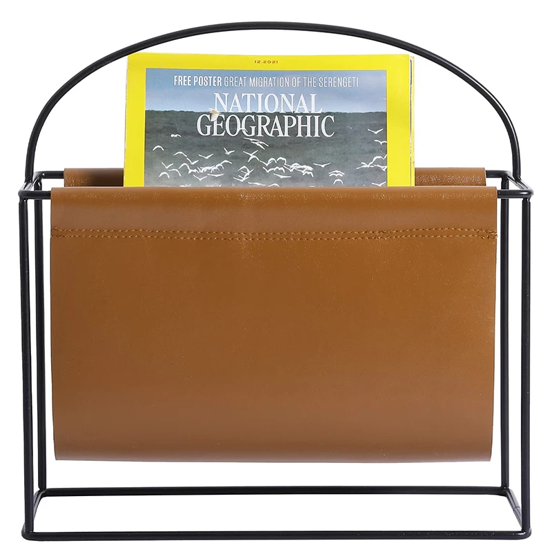 Modern Magazine Holder with Industrial Matte Black Metal Frame and Caramel Brown Leatherette Sling Hanging Storage Organizer